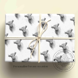 Personalised wrapping paper featuring a repeating hand-drawn Highland cow pattern on a white background, perfect for birthdays, farm animal lovers, Scottish-themed gifts, countryside enthusiasts and any special occasion.