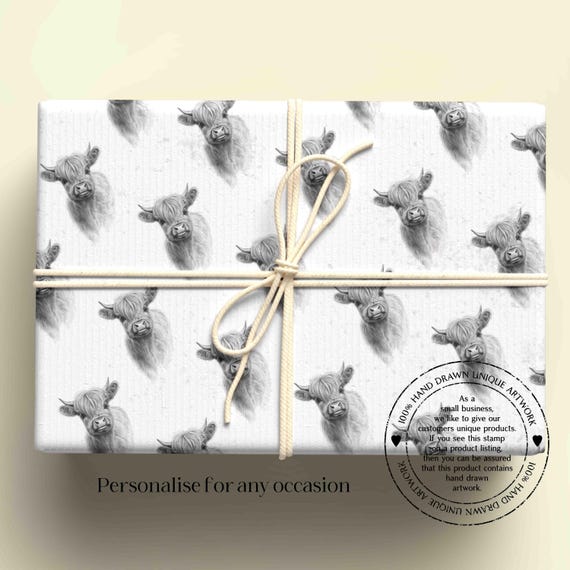 Highland Cow Wrapping Paper, Personalised Gift Wrap, Birthday Wrapping Paper