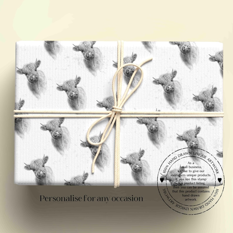 Personalised wrapping paper featuring a repeating hand-drawn Highland cow pattern on a white background, perfect for birthdays, farm animal lovers, Scottish-themed gifts, countryside enthusiasts and any special occasion.