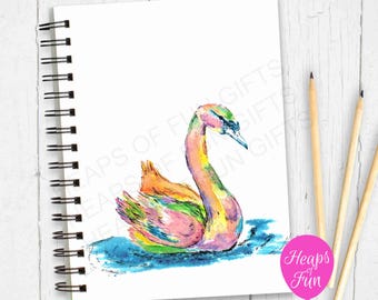 Personalised Swan Notebook, Colourful Watercolour Bird Spiral Journal, Custom Name Gift for Her, Matching Wrapping Paper Available