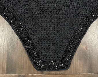 Square Horse Bonnet - Black, Crystal Beads & Ribbon