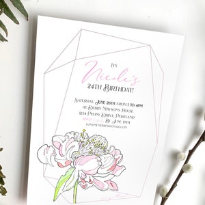 Roze Pioenroos Geometrische Verjaardagsfeest Uitnodiging Sjabloon