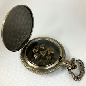 Antique Gold Steampunk Style Pocket Watch Shell with 7-die Metal Micro DnD Dice - Polyhedral Dice Set