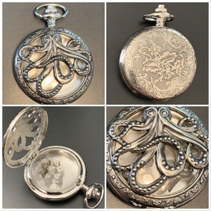 Silver Octopus Pocket Watch Shell with 7-die Metal Micro Polyhedral Dice Set - DnD Dice D&D Dice Set