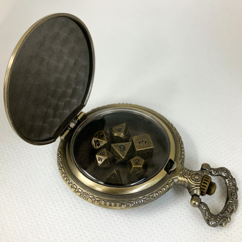 DnD Dice Gold Steampunk Style Pocket Watch Shell with 7-die Metal Micro Polyhedral Dice Set