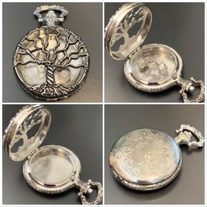 Silver Tree of Life Pocket Watch Shell with 7-die Metal Micro Polyhedral Dice Set - DnD Dice D&D Dice Set