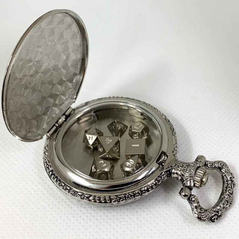 DnD Dice Silver Steampunk Style Pocket Watch Shell with 7-die Metal Micro Polyhedral Dice Set