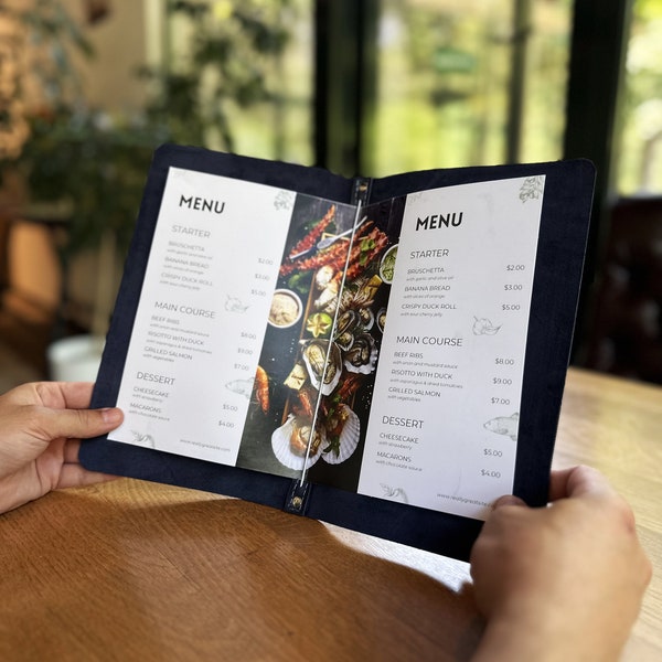 Menuhoes, menuhouder, lederen menuhoes, restaurantmenu, menumap, menuboek, menuhoesontwerp, dubbelgevouwen menuhoes, bindmiddelmenu