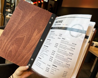 Dossier de menu en boisA4 fixé sur un bracelet en cuir, porte-menu gravé, dossier de menu de restaurant, tableau de menu, couverture de livre de menu, couverture de menu personnalisée