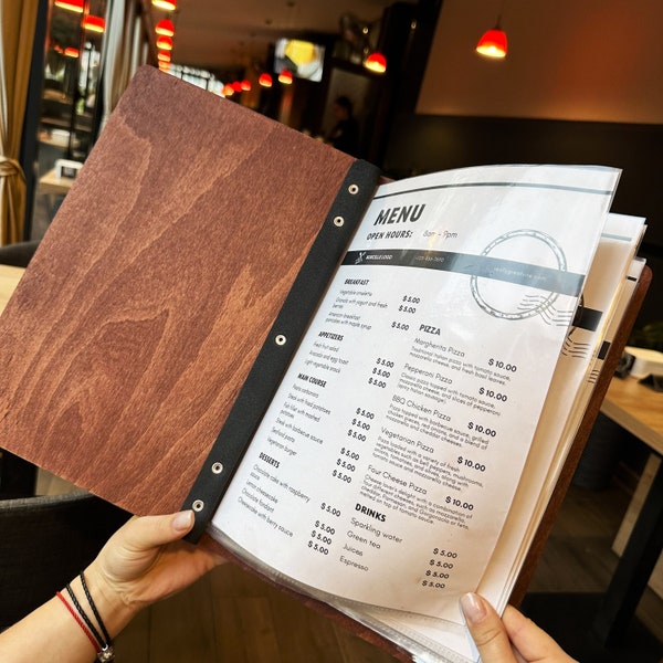 Dossier de menu en boisA4 fixé sur un bracelet en cuir, porte-menu gravé, dossier de menu de restaurant, tableau de menu, couverture de livre de menu, couverture de menu personnalisée