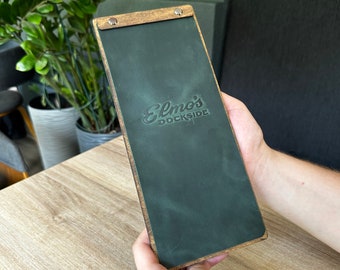 Wood menu holder with leather cover 4.25x11, Menu cover with embossing, Restaurant Menu Folder, Menu Board, Leather Menu, Custom Menu Cover