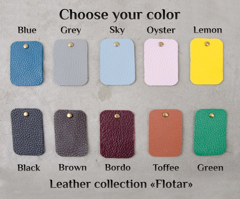 May include: Leather swatches in various colors, including blue, grey, sky blue, oyster, lemon, black, brown, bordo, toffee, and green. The text "Choose your color" and "Leather collection &laquo;Flotar&raquo;" is displayed below the swatches.