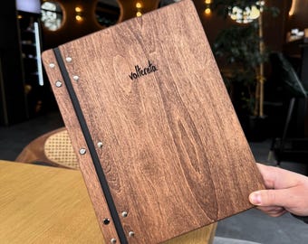 Wooden Menu Cover with Plastic Sleeves, A4 Insert Menu Card, Engraved Menu Holder with Clear Pocket, Restaurant Menu Folder, Menu Book Cover