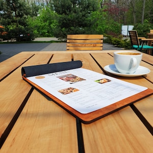 Tablero de menú de madera con cubierta de cuero A4, portamenús con relieve, carpeta para menú de restaurante, tablero de menú, menú de cuero, cubierta de menú personalizada