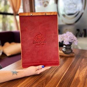 Wooden menu holder with leather cover A4, Menu cover with embossing, Restaurant Menu Folder, Menu Board, Leather Menu, Custom Menu Cover