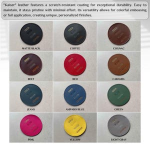 Puede incluir: Doce muestras de cuero en varios colores, incluyendo negro, marr&oacute;n, rojo, azul, verde, rosa, amarillo y gris. Cada muestra tiene una etiqueta dorada, plateada y cobriza con la palabra "GOLD" impresa en ella.