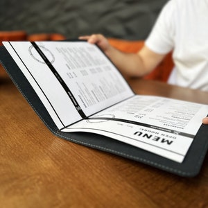 Leather Menu Cover A4 with elastic center holder Menu Holder with embossing, Restaurant Menu Folder, Binder Menu Holder, Custom Menu Cover