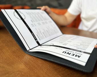 Leather Menu Cover A4 with elastic center holder Menu Holder with embossing, Restaurant Menu Folder, Binder Menu Holder, Custom Menu Cover