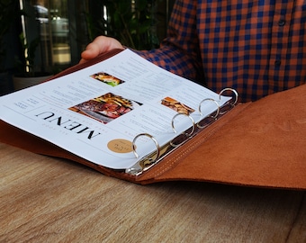 Leather Menu Cover A4 with ring binder mechanism Menu Holder with embossing, Restaurant Menu Folder, Binder Menu Holder, Custom Menu Cover