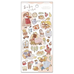 May include: A sticker sheet with illustrations of bears and people in a vintage style. The designs include bears with food, tea parties, and other scenes. The sheet also has Japanese text and English text.