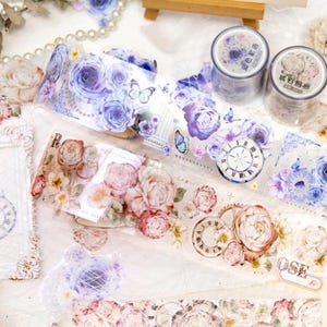 Rollo de cinta adhesiva PET con rosas atemporales rosas y azules