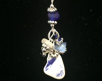 Pottery and Cobalt Blue Sea Glass pendant. Blue Sea Glass Necklace, Pottery and Sea Glass jewelry,