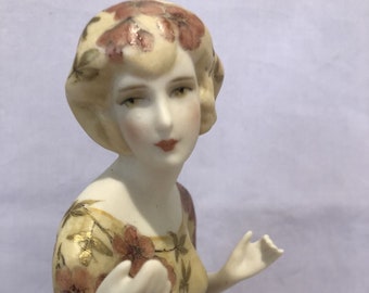Lovely half doll  "Adelaide " approx 12 cms with large pink flower decals