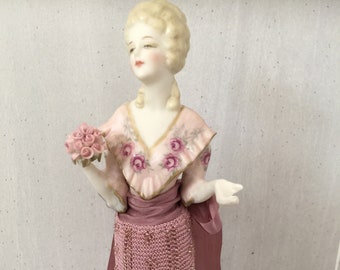 Antique reproduction half doll "Willow" dressed in pink knitted beaded skirt - 8.5" tall