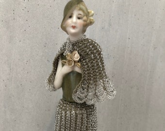 Antique reproduction half doll "Rose" painted in Khaki with short beaded skirt and legs