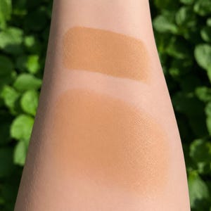May include: Two tan foundation swatches on an arm, one lighter and one darker. The top swatch is a lighter shade of tan, and the bottom swatch is a darker shade. Green foliage is blurred in the background.