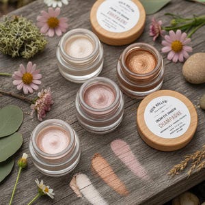 May include: Four small glass jars of cream eyeshadow with light wood lids. The labels read ODIN HOLLOW, CREAM EYE SHADOW, and CHAMPAGNE. Three swatches of the metallic cream product in light gold, copper, and rose gold are visible on the wood surface.