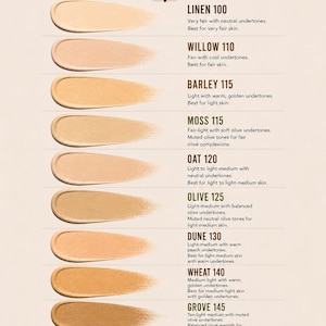 May include: A shade guide for Odin Hollow Cream Foundation Stick. The guide shows foundation swatches from Linen 100 to Silt 180. Each swatch has a description of its undertones and the skin tones it suits. Measurements are not applicable.