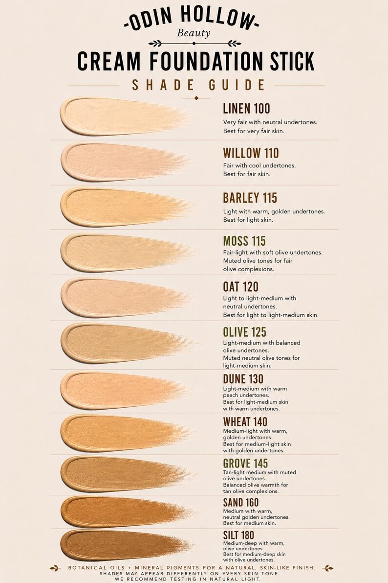 May include: A shade guide for Odin Hollow Cream Foundation Stick. The guide shows foundation swatches from Linen 100 to Silt 180. Each swatch has a description of its undertones and the skin tones it suits. Measurements are not applicable.