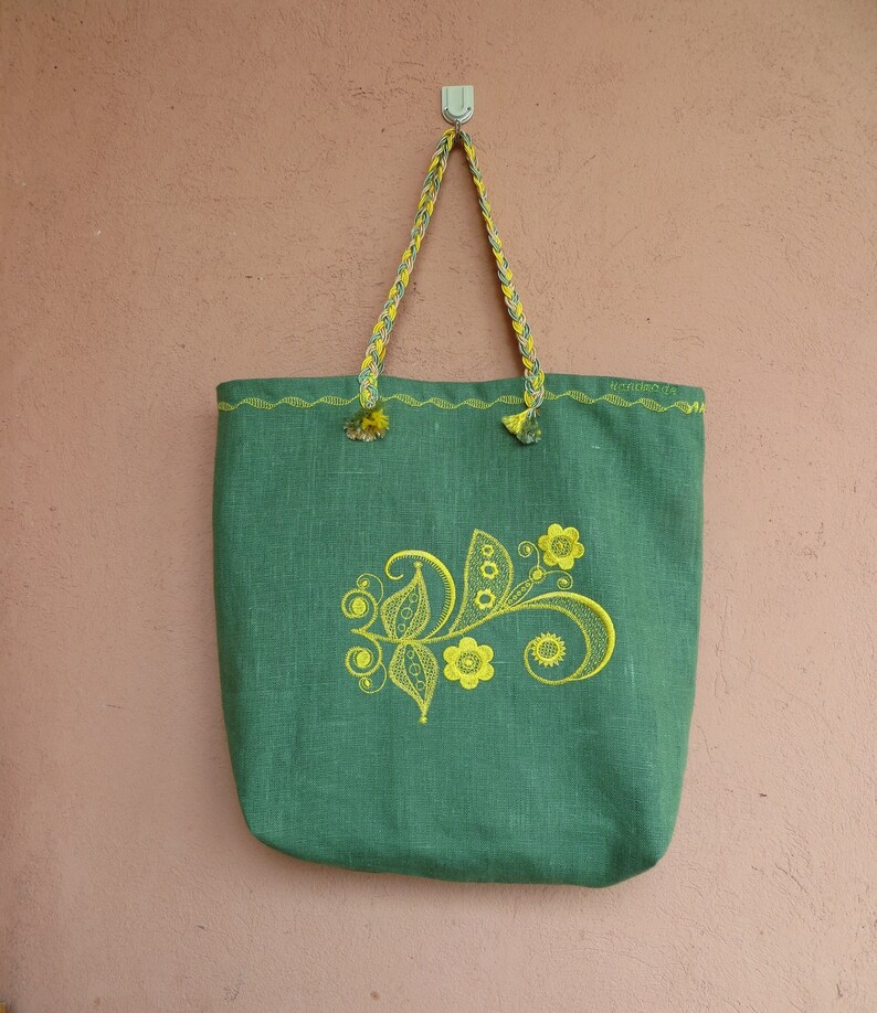 Linen bag Market bag Boho style Shopping bag Embroidered bag Tote bag Reusable Grocery Bag Foldable Bag Soft Bag