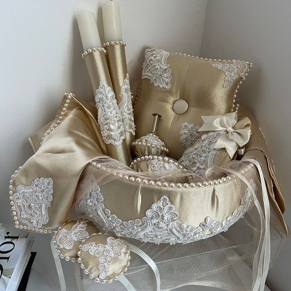 Corbeille henna coffret henné satin beige dentelle blanche , panier henna mariage, coffret henné mariage complet