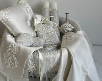 Corbeille henna coffret henné satin blanc dentelle blanche , panier henna mariage, coffret henné complet