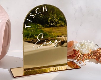 Spiegelglas | Tischnummer | 13x18 | Bogen | Gold, Hochzeit, Deko, personalisierbar, Aufsteller