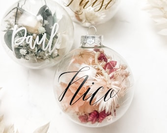 8 cm | Personalized Christmas bauble | Glass | labeled | Christmas decoration | Ball | filled | Dried flowers | individual