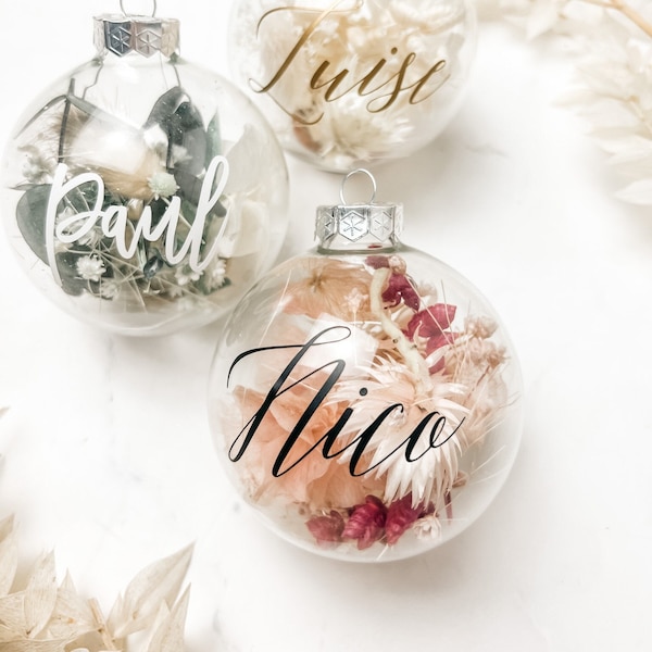 8 cm | Personalized Christmas bauble | Glass | labeled | Christmas decoration | Ball | filled | Dried flowers | individual