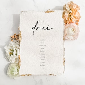 Sitzplan | handgeschöpftes Papier | Büttenpapier | gerissene Kanten | Sitzordnung | Hochzeit | Blattgold | individuell | personalisierbar