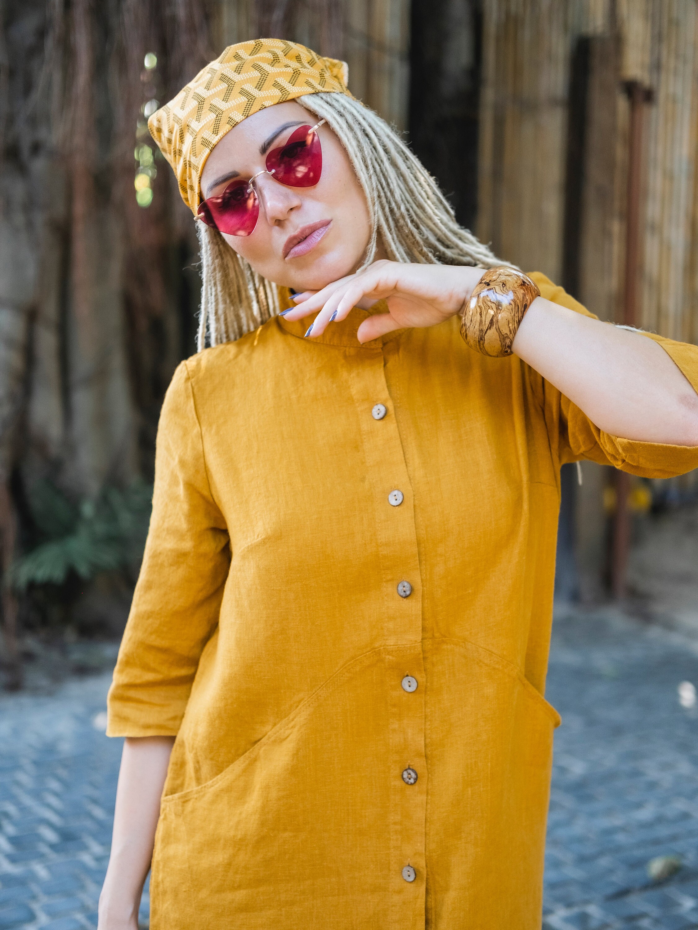 Casual Linen Yellow Button-Down Dress with Sleeves 100% Pure | Etsy