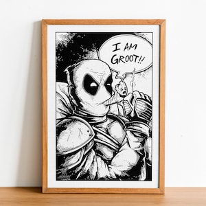 May include: Black and white illustration of a character resembling Deadpool wearing armor and holding a small, tree-like character in his hand. The tree-like character is saying "I am Groot!" in a speech bubble.