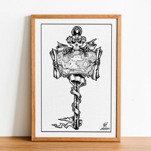 May include: Black and white illustration of a key with a skull and a map on the top. The key is surrounded by a ribbon and scrolls.