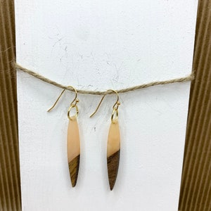 Pink and wood dangle earrings; wood dangle earrings; wood and resin earrings; Boho resin earrings; Minimalist earrings