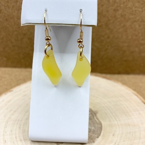 Women&#39;s handmade drop earrings; recycled glass earrings; yellow glass dangle earrings; yellow and gold earrings; boho glass earrings