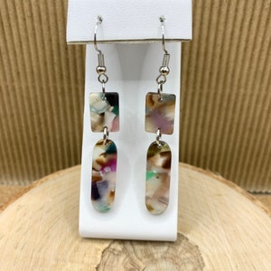 Multi Color Acetate Oblong and Square Earrings; Oblong and Square Dangle Earrings; Summery Earrings; Beachy Earrings