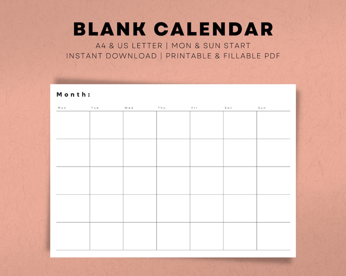 Blank Calendar PDF Template Printable, Digitally Editable, A4, US