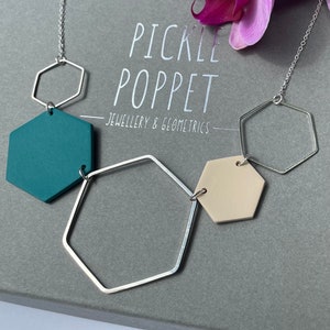 Silver Hexagon Statement Necklace - Teal & Stone