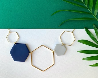 Gold Hexagon Statement Necklace - Navy Blue & Grey