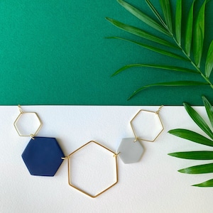 Gold Hexagon Statement Necklace - Navy Blue & Grey